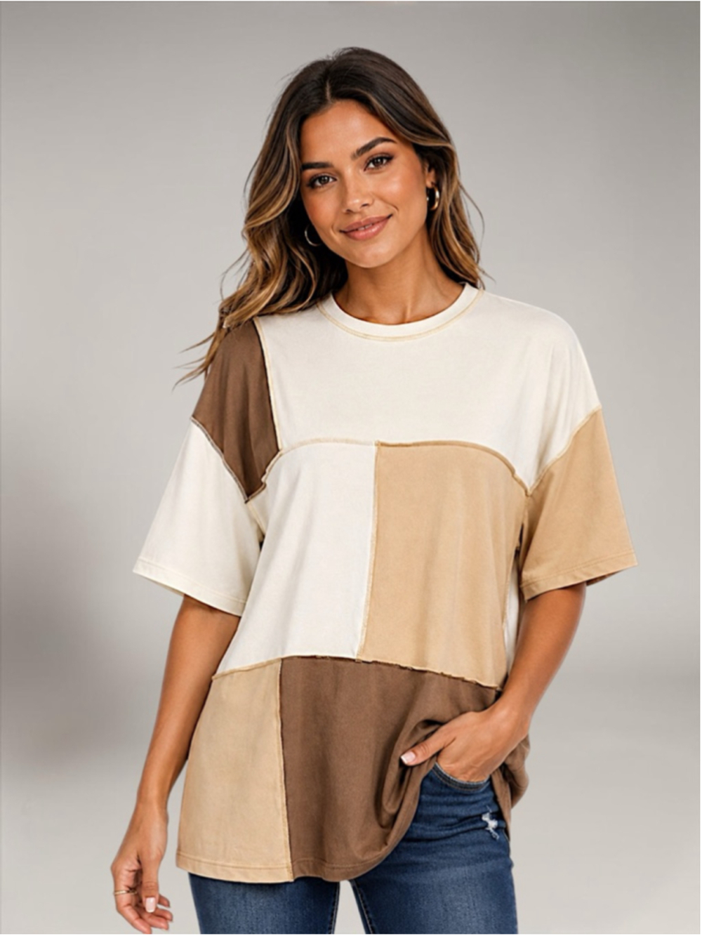 New Colorblock Top with Stitching – Oversized Drop Shoulder Tee – Size 4 - Picture 1 of 9
